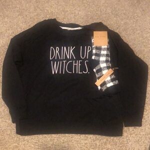 NWT Rae Dunn Black Brushed Sweatshirt "Drink Up Witches" & Matching Fuzzy Socks